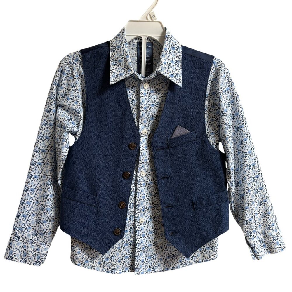 NAUTICA  2 Piece Dress Shirt Vest Set in Navy Blue White SZ 6